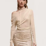 Sheer Silk Blend Top With Drawstring Detail
